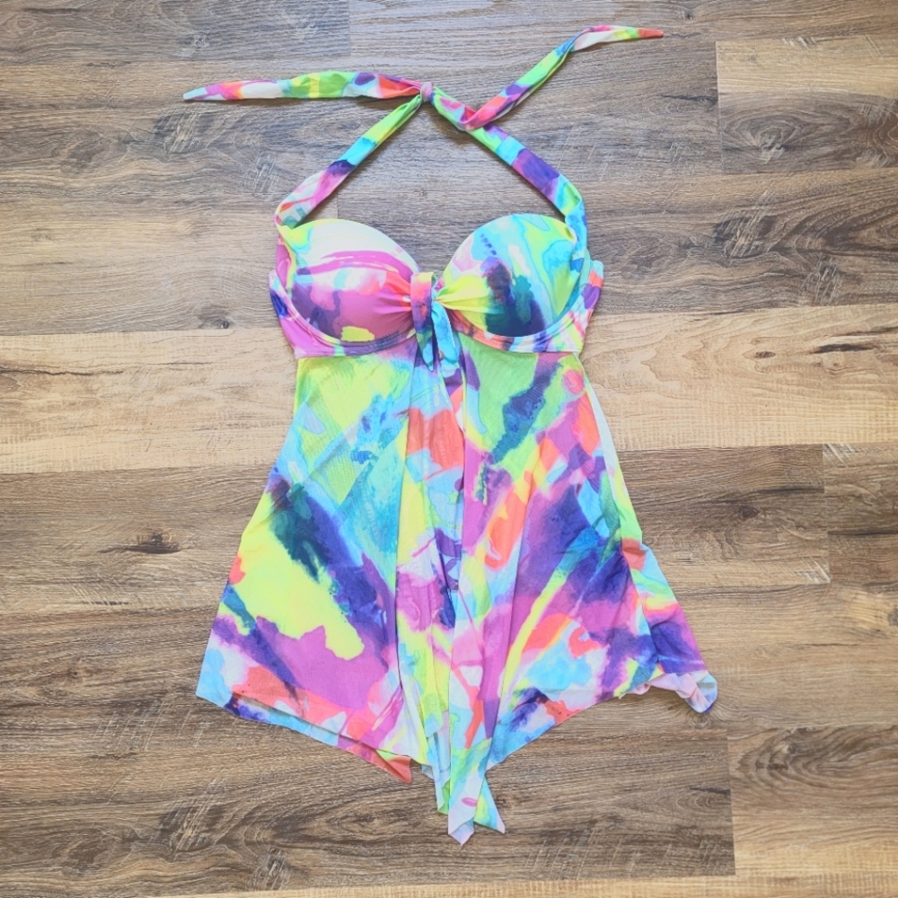 Tempme small mesh halter tankini pushup swimdress